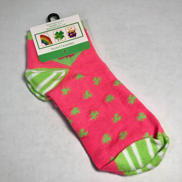 Shamrock Socks St Patricks Day Celtic Pink Green Clover 2 Pairs Lot Shamrocks - Picture 3 of 5